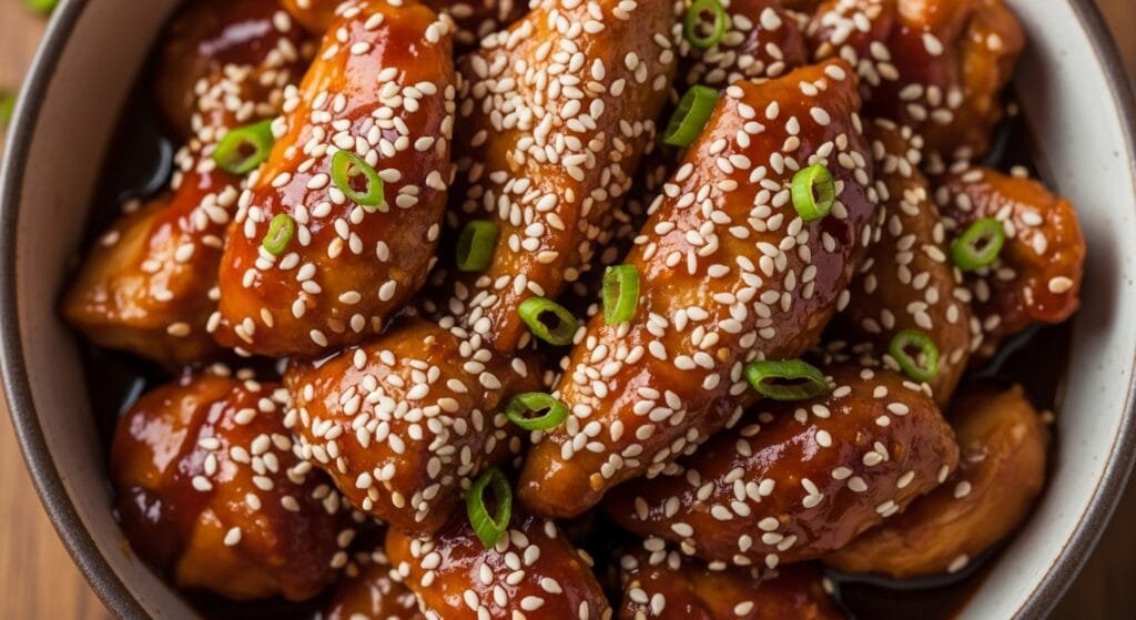 crockpot sesame chicken with glossy sauce and sesame seeds