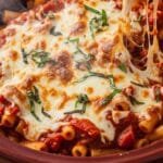 cheesy crockpot baked ziti with marinara and melted mozzarella
