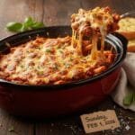 Cheesy crockpot baked ziti with marinara sauce and melted mozzarella