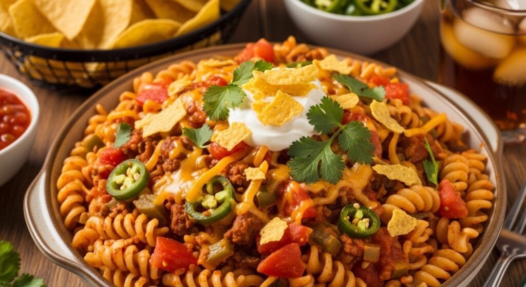 easy crockpot taco pasta served for dinner