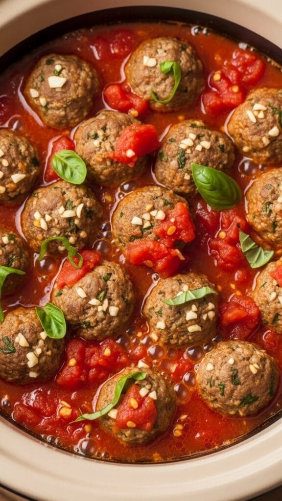 Tender Italian meatballs simmering in marinara sauce inside a crockpot