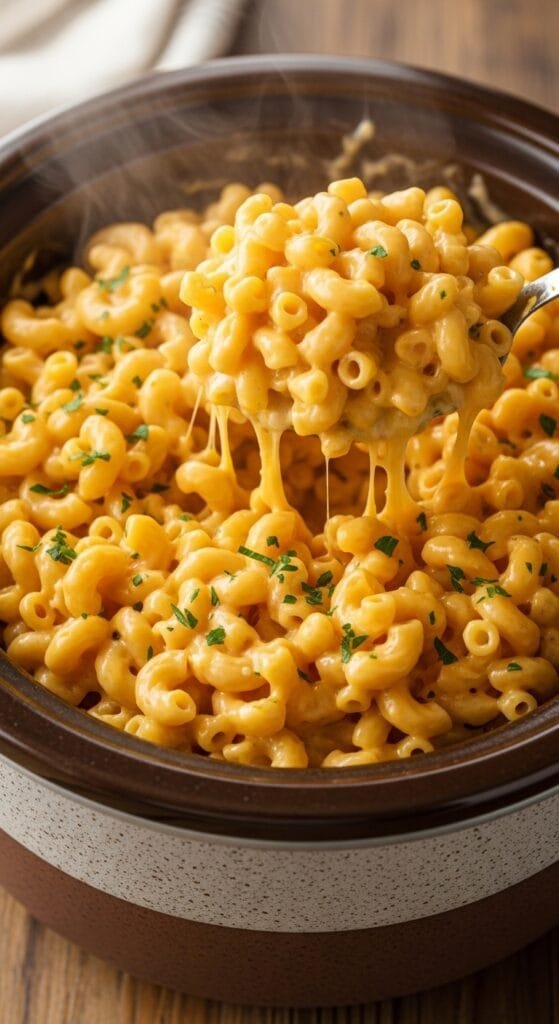 Easy crockpot mac and cheese with smooth cheese sauce and soft pasta