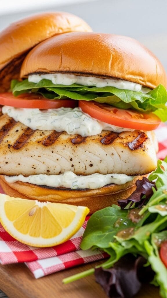Home-style grilled fish sandwich served on a toasted brioche bun with creamy sauce