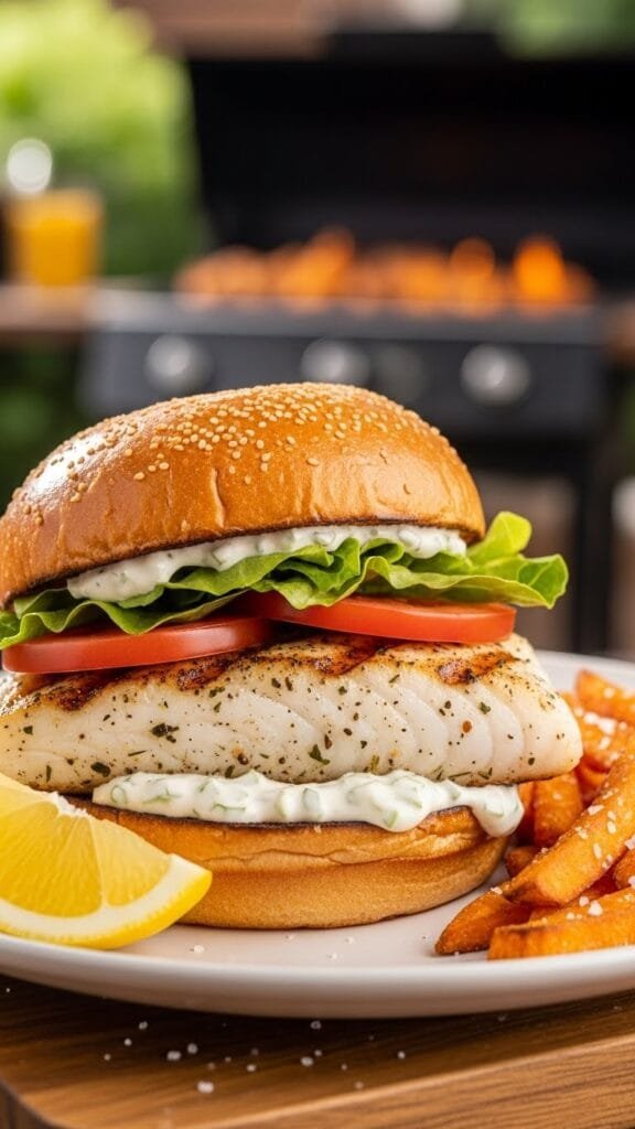 Grilled fish sandwich made with flaky white fish, fresh lettuce, and tomato on a toasted bun