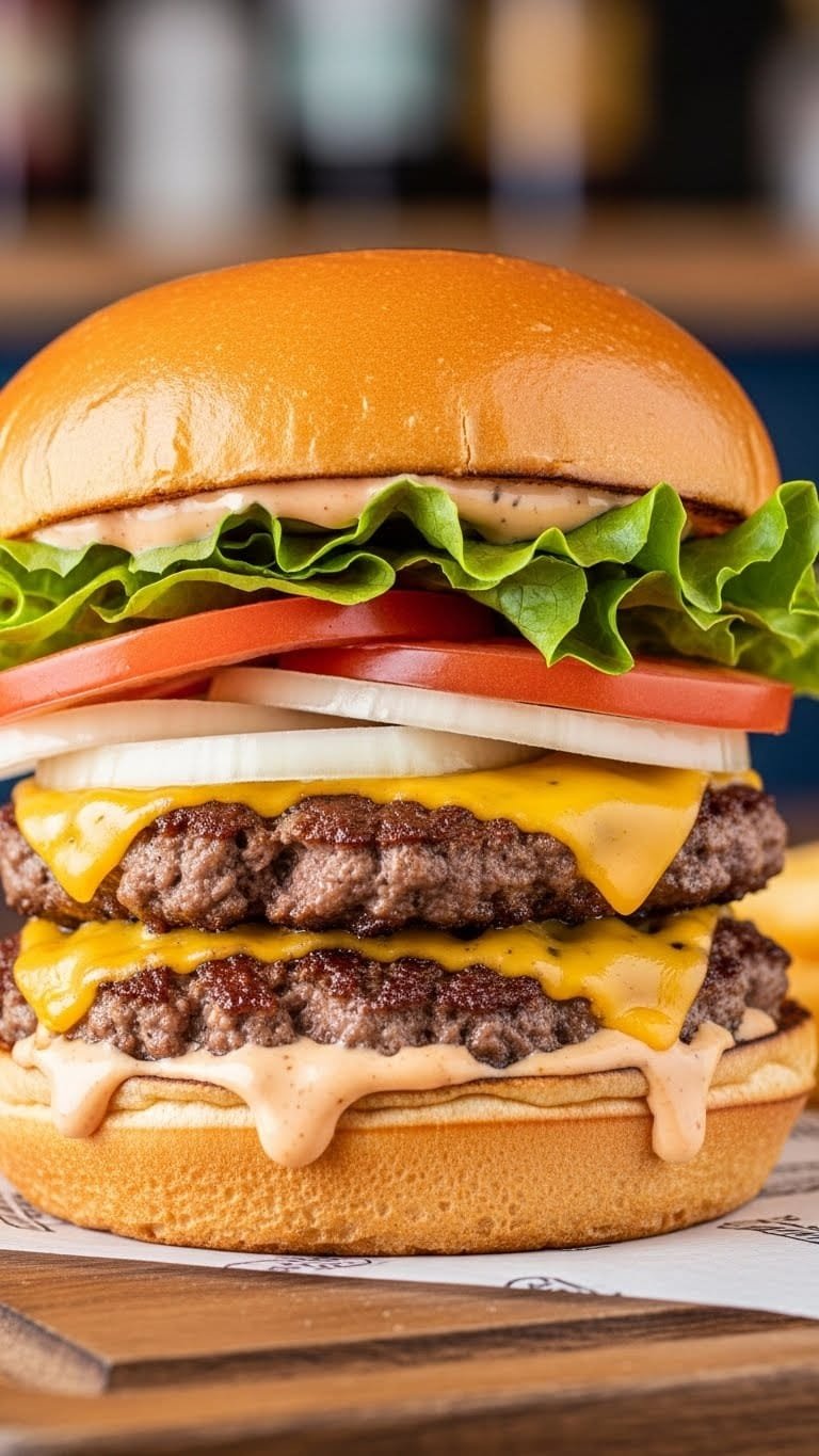 Homemade double smash burger stacked with cheese pickles and special sauce