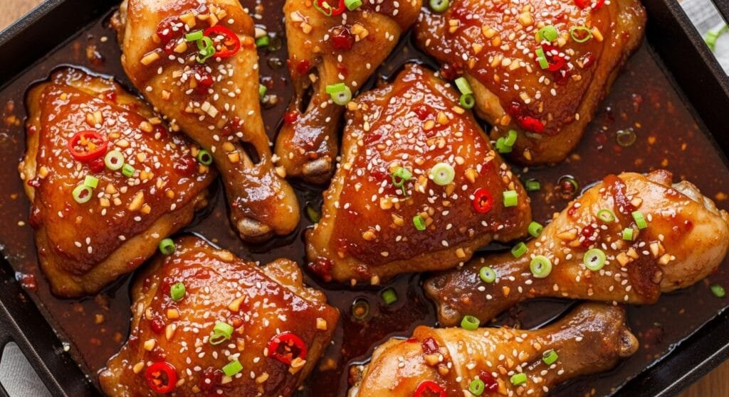sticky honey chili garlic chicken baked in glossy sauce