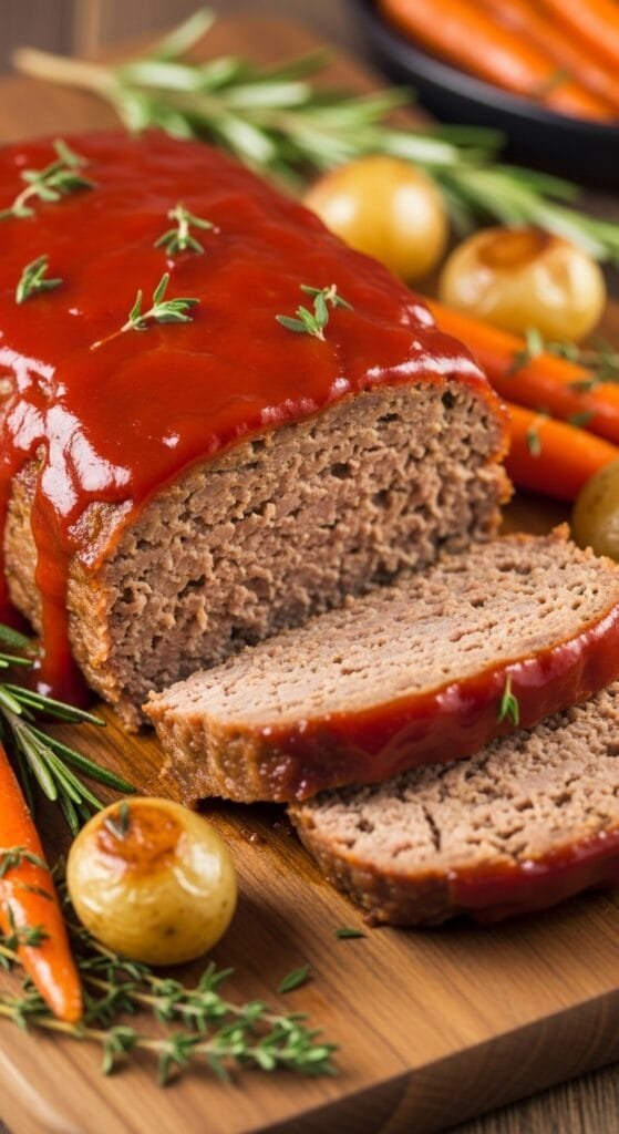 Juicy classic meatloaf sliced thick with a sweet ketchup topping
