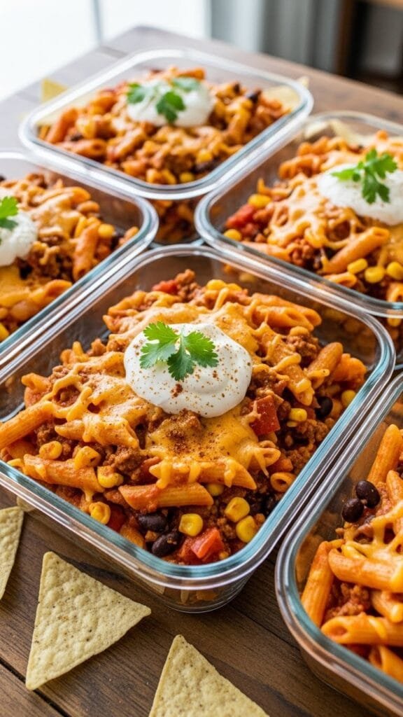 Meal prep containers filled with cheesy crockpot taco pasta ready for easy lunch or dinner.