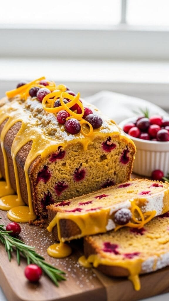 Freshly baked cranberry orange bread topped with glossy orange glaze