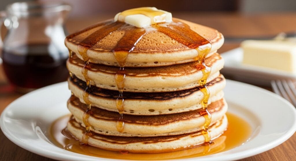 fluffy homemade pancakes stacked with butter