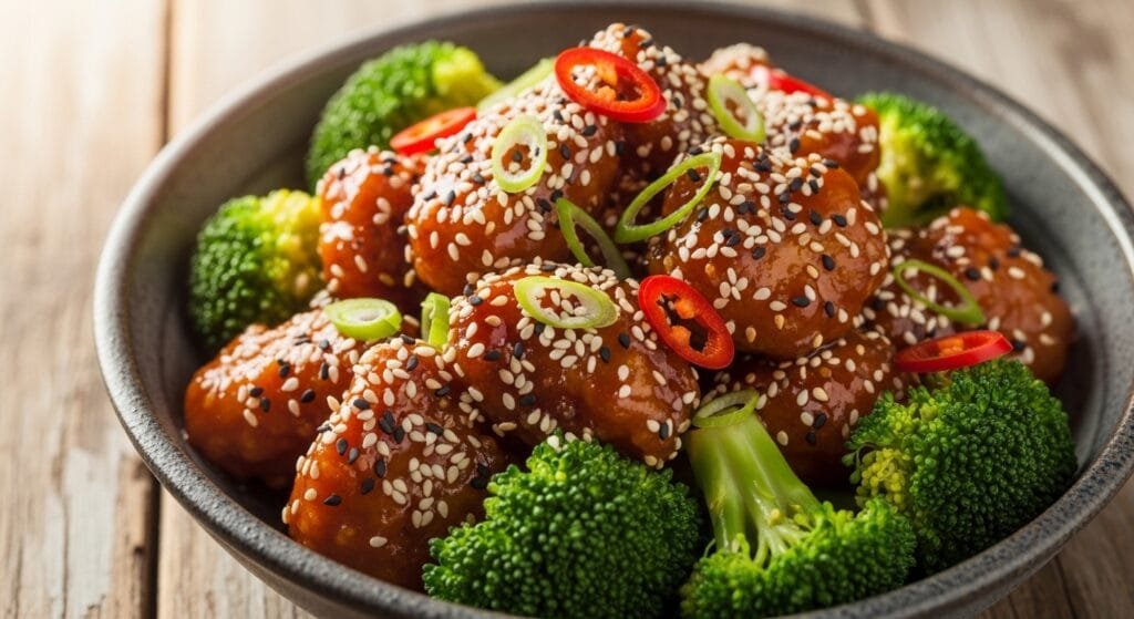 finished sesame chicken served in bowl with garnish