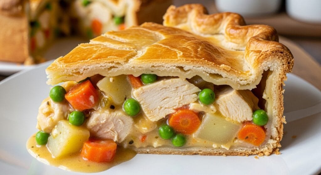 sliced chicken pot pie showing creamy filling