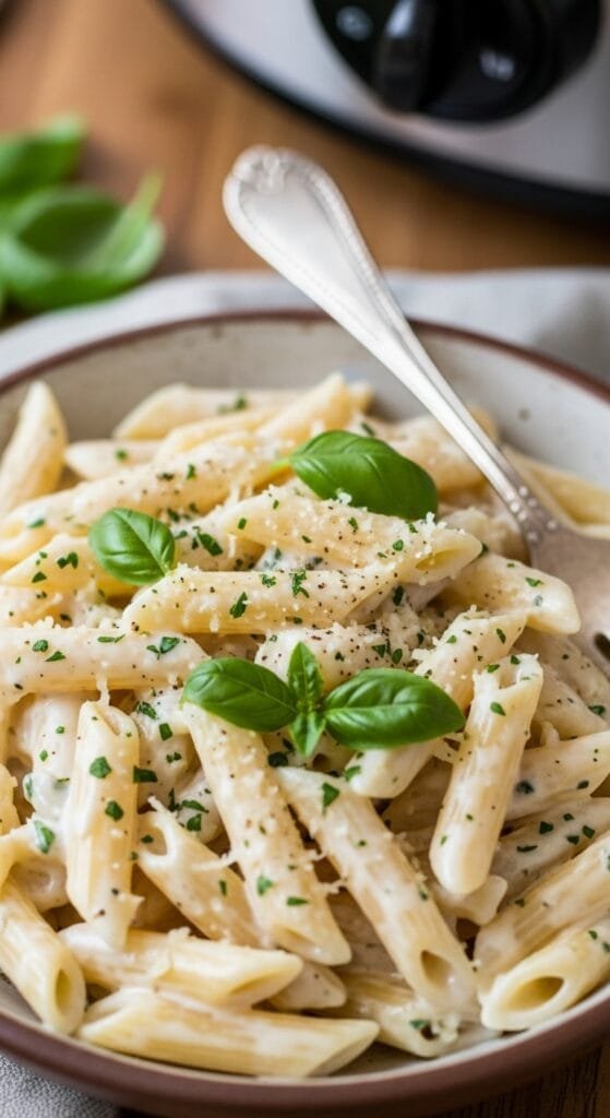 Slow cooker Alfredo pasta served with a thick, creamy Parmesan sauce
