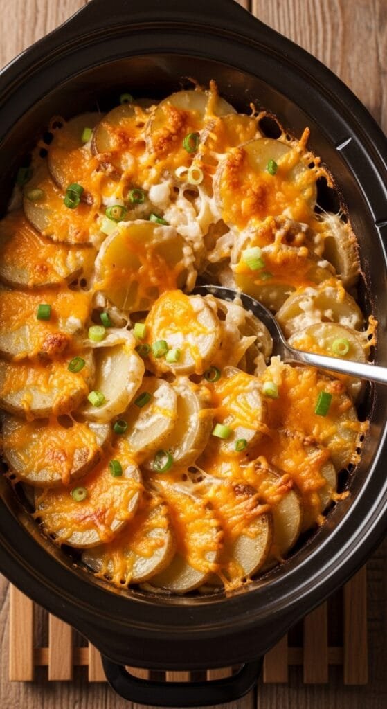 Slow cooker cheesy scalloped potatoes with tender sliced potatoes and melted cheddar cheese