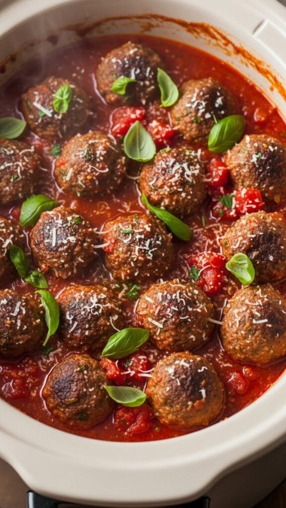 Crockpot Italian meatballs served over pasta with marinara sauce