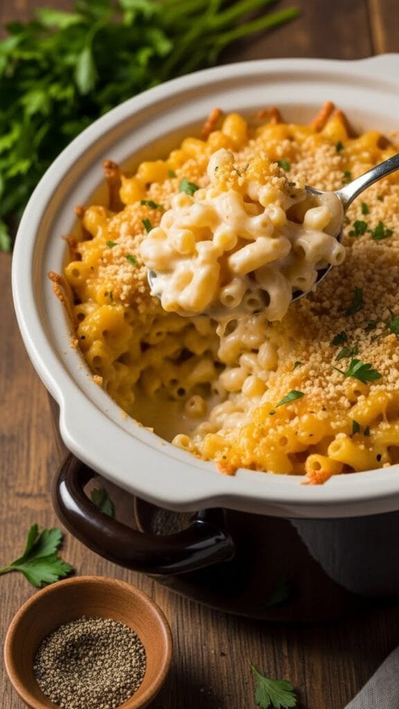 Slow cooker mac and cheese served warm with rich, creamy cheese sauce