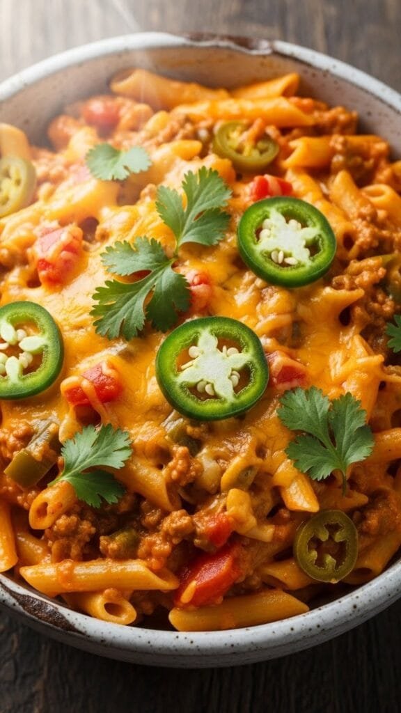 Bowl of creamy slow cooker taco pasta topped with melted cheese, cilantro, and jalapeños.