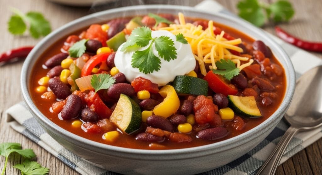 hearty slow cooker vegetarian chili with beans and vegetables