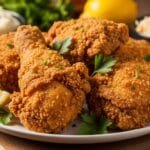 crispy southern fried chicken pieces with golden crunchy coating