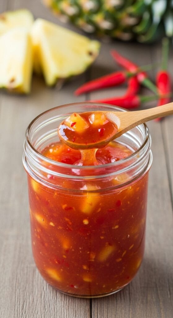 Finished sweet chili pineapple sauce cooled and ready for dipping or glazing