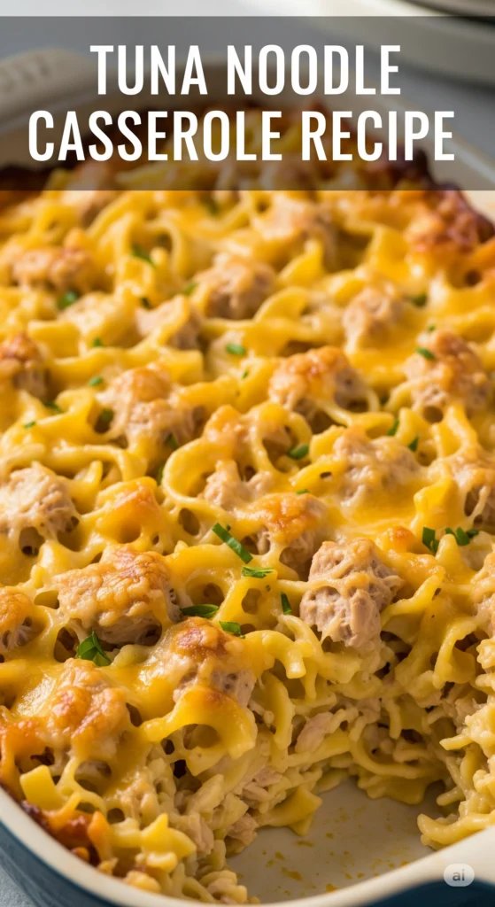 Creamy tuna noodle casserole topped with golden breadcrumbs and melted cheddar cheese.