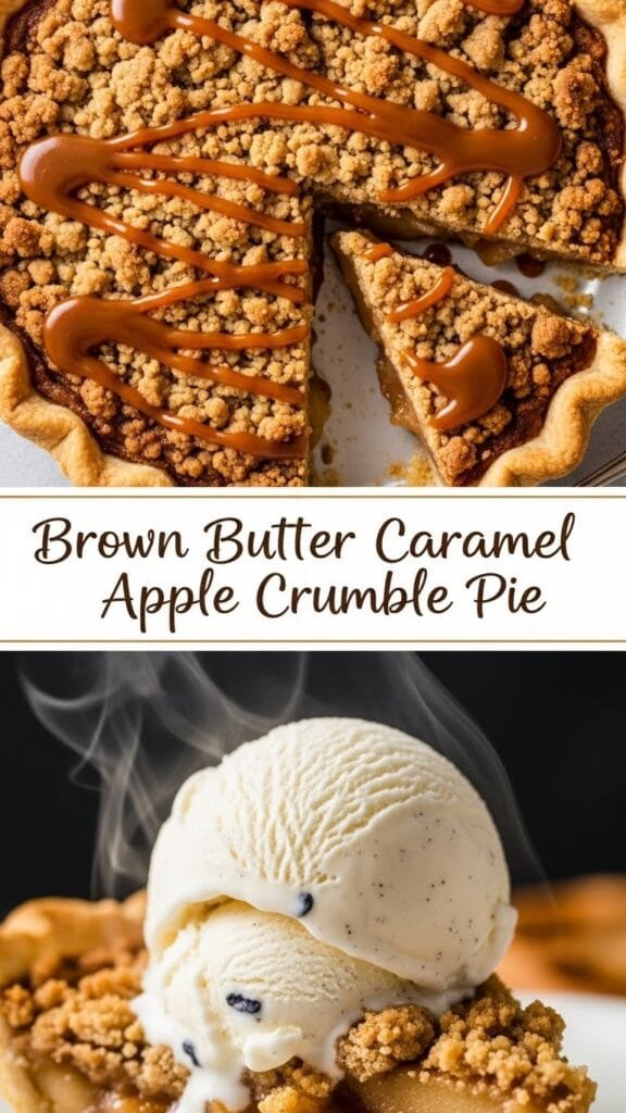 Top view of homemade apple crumble pie with browned oat topping and bubbling caramelized apple filling.