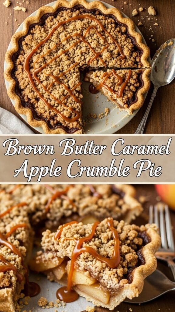 Brown Butter Caramel Apple Crumble Pie with golden oat topping and cinnamon apple filling on a rustic fall table.