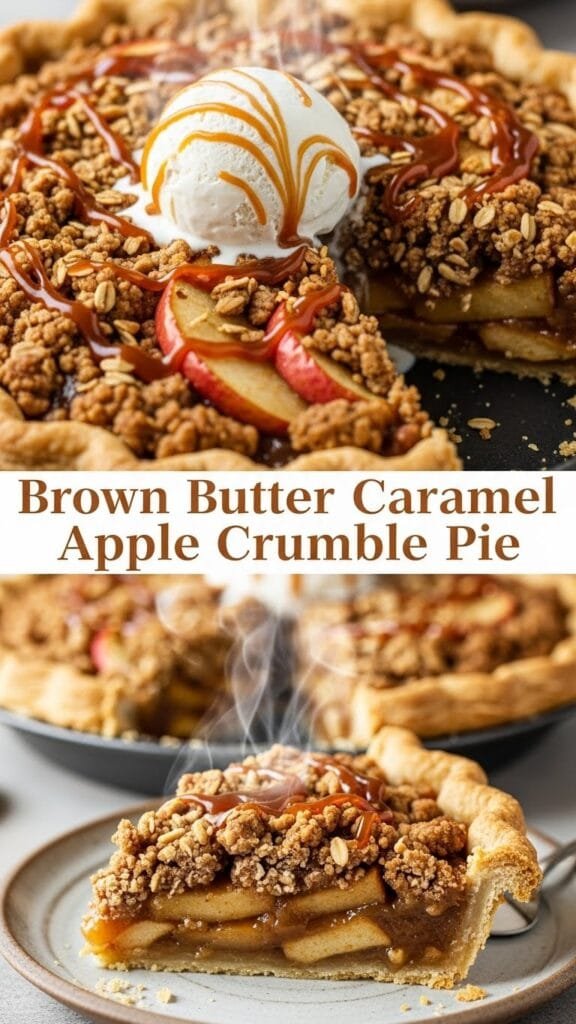 Slice of caramel apple crumble pie served on a plate with crispy oat topping and gooey apple filling.