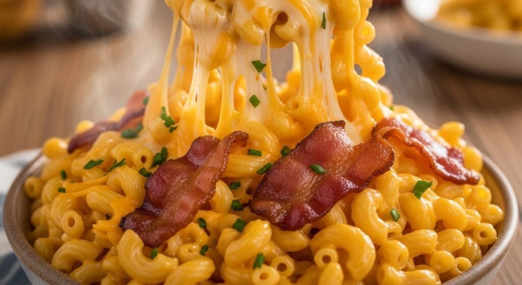Creamy homemade bacon mac and cheese with melted cheese sauce