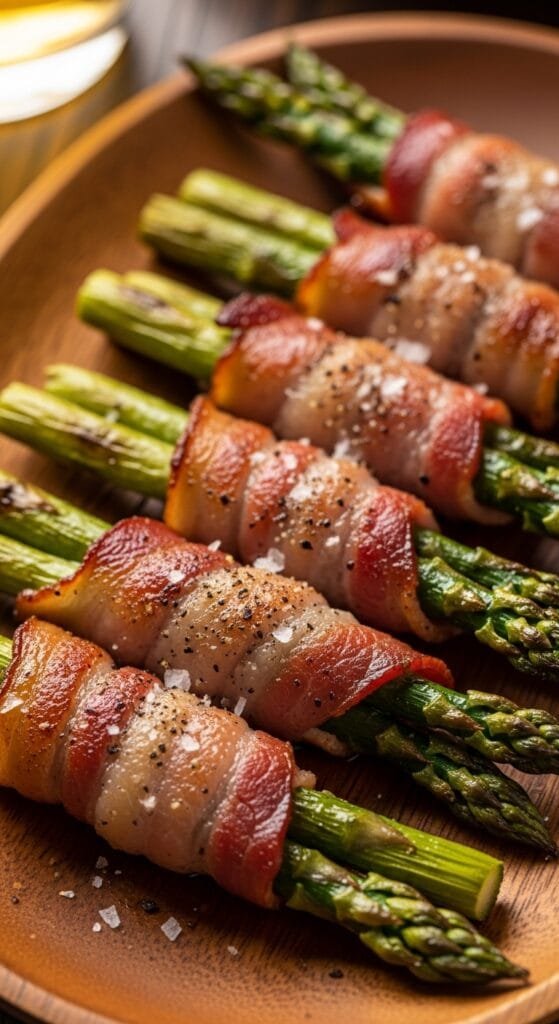 Bacon wrapped asparagus served warm with crispy bacon and tender asparagus spears
