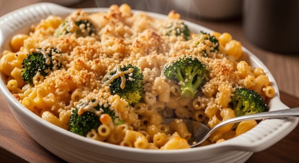 baked broccoli mac and cheese with golden breadcrumb topping