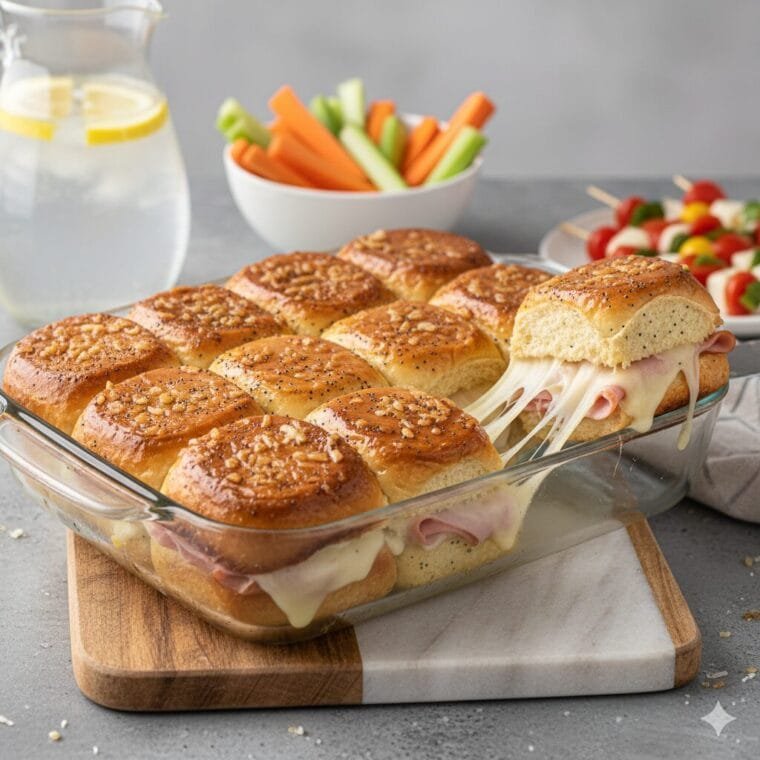 Baked ham and cheese sliders with Swiss cheese and herb butter glaze