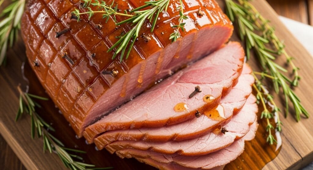 sliced holiday ham with sticky honey glaze and herbs