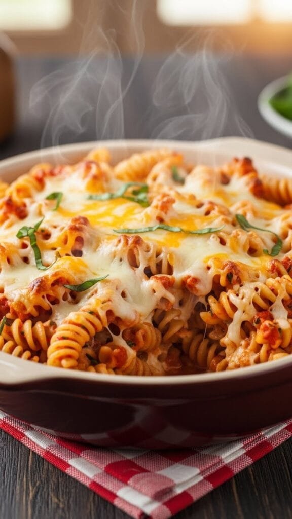 Baked pasta casserole served in a white dish with mozzarella and Parmesan cheese
