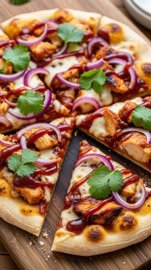 BBQ chicken flatbread topped with melted mozzarella, red onion, and bell pepper on a baking sheet