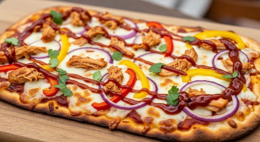 BBQ chicken flatbread topped with melted mozzarella, red onion, and bell pepper