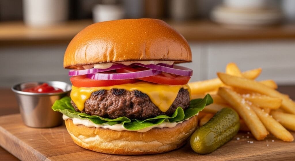 homemade cheeseburger served on toasted bun ready to eat