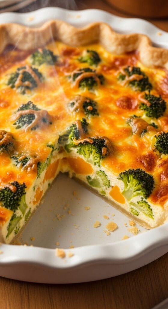 Golden broccoli cheddar quiche with a flaky crust and creamy egg filling sliced in a pie dish