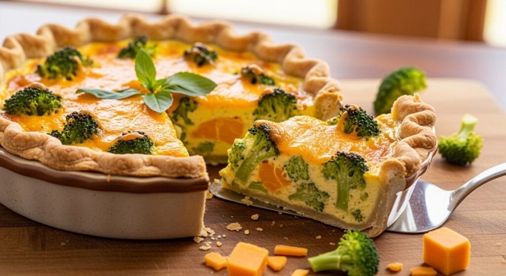 homemade broccoli cheddar quiche with flaky crust and creamy filling