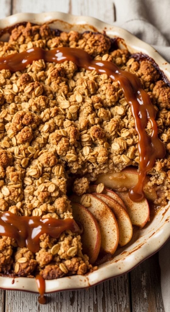 Brown butter caramel apple crumble pie with golden oat topping and cinnamon apple filling