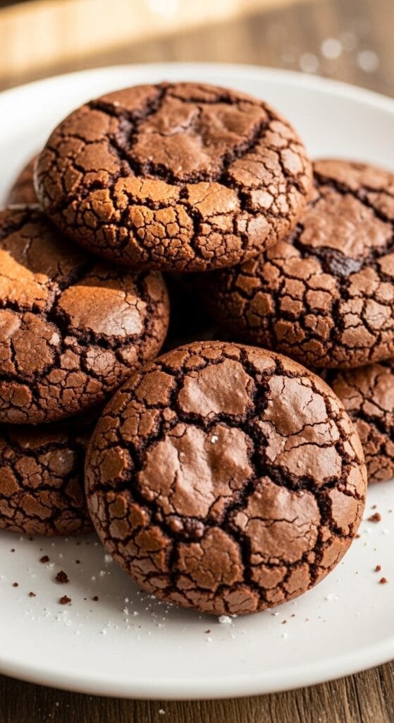 Chewy brownie mix cookies with fudgy centers and crackled tops stacked on a plate