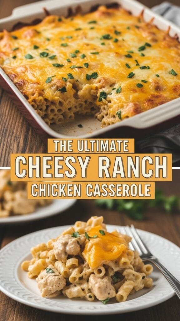 A close-up of a deep-dish Cheesy Ranch Chicken Casserole, showing the creamy interior and the bubbly, golden-brown melted cheddar cheese topping.