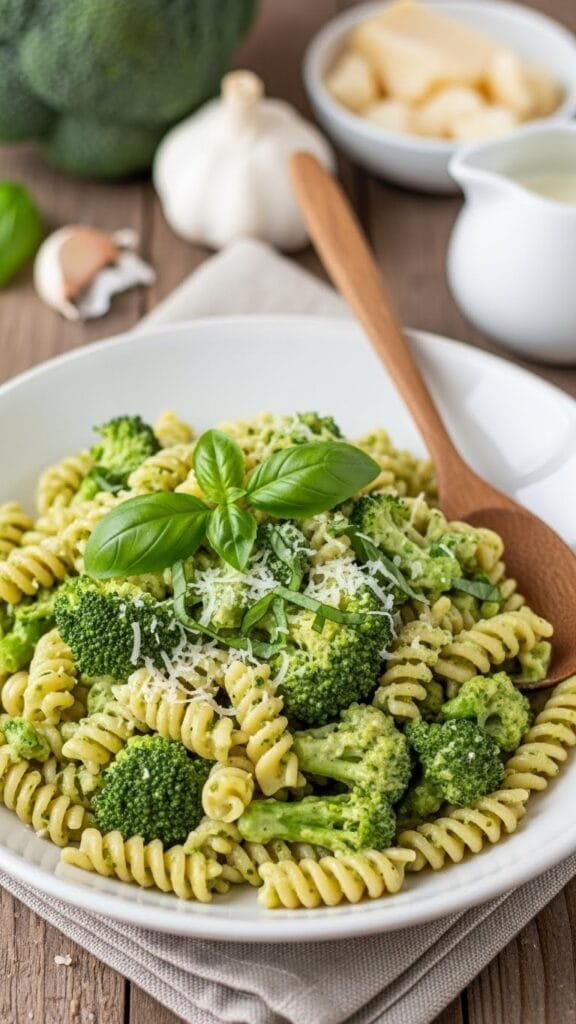 Close-up of cheesy broccoli pasta with melted cheddar and Parmesan.