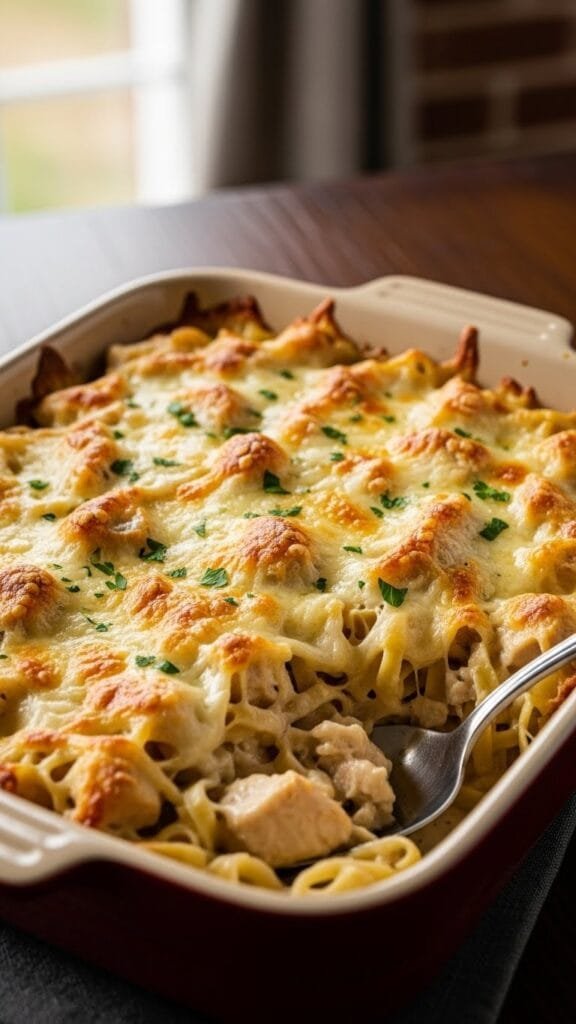 Serving spoon lifting a cheesy chicken alfredo pasta bake from a casserole dish