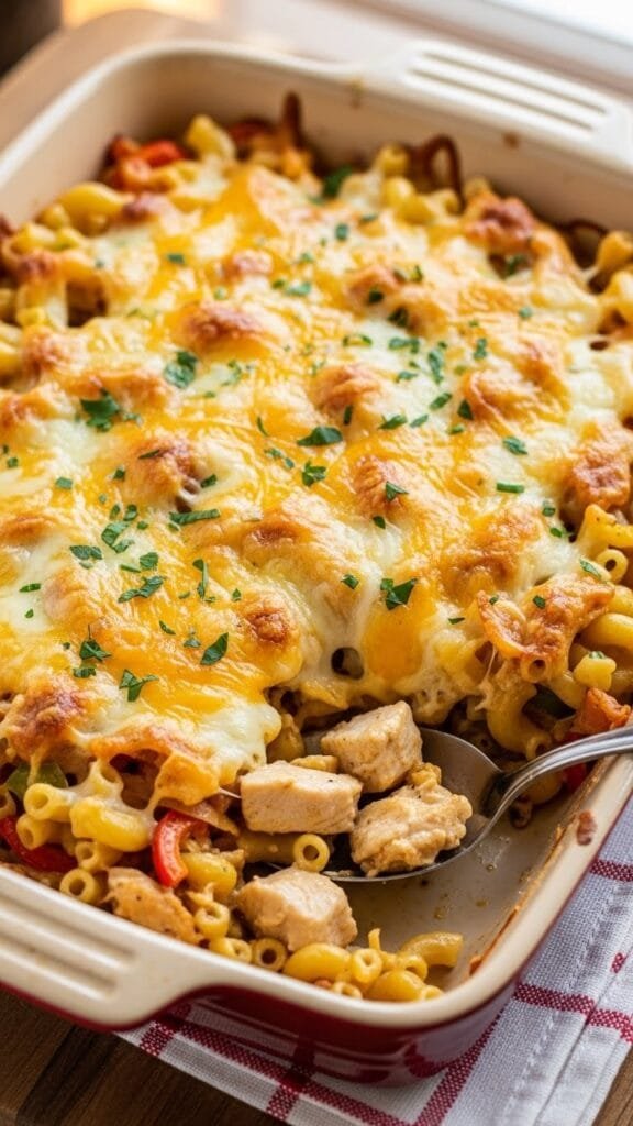 Creamy chicken casserole with shredded chicken, cheddar cheese, and a crispy breadcrumb topping ready to serve for dinner.