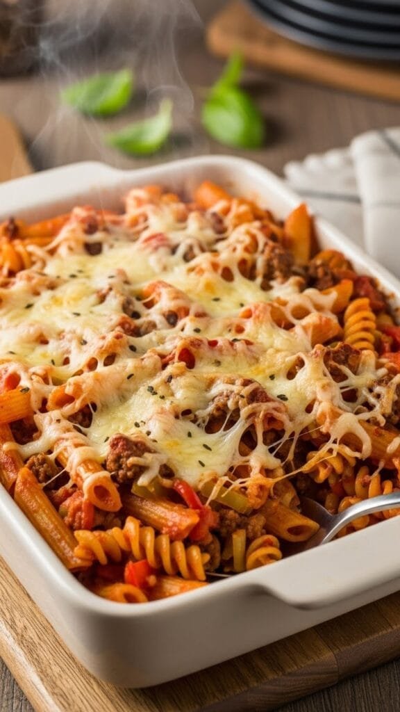 Homemade pasta bake with melted mozzarella, marinara sauce, and golden cheese topping in a casserole dish.