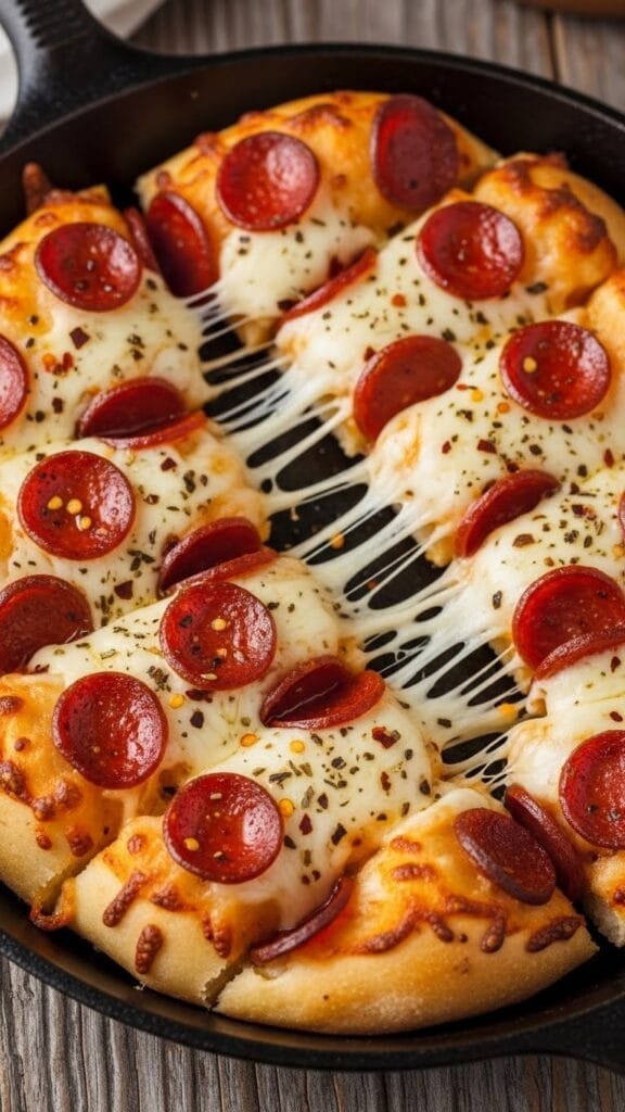 Cheesy pepperoni pizza sticks baked until golden with melted mozzarella inside