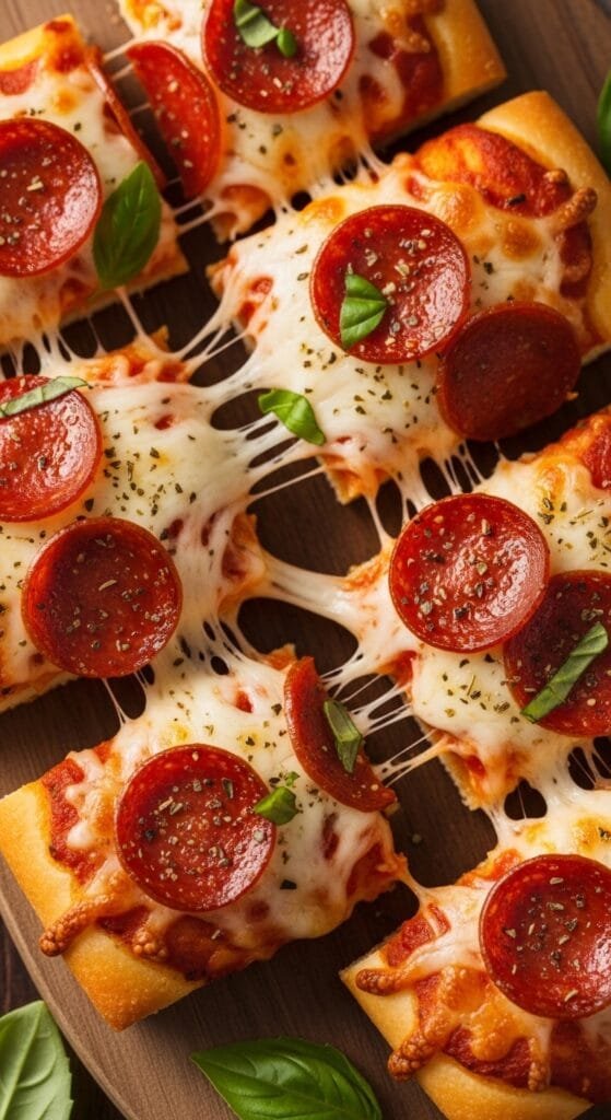 Cheesy pepperoni pizza sticks baked until golden with melted mozzarella
