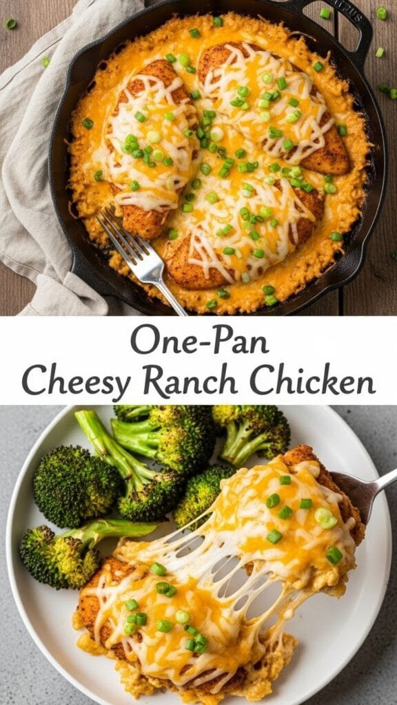 Close-up of golden-brown chicken breasts in a cast iron skillet, visibly coated in a thick, creamy white ranch sauce and bubbly, melted cheddar cheese.
