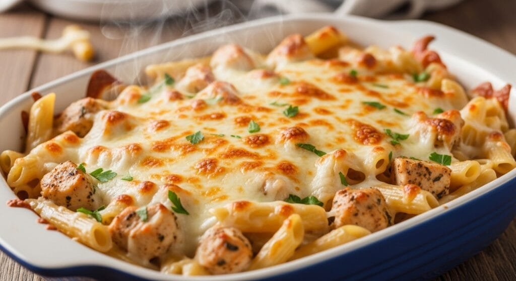 Creamy chicken alfredo pasta bake with melted mozzarella in a casserole dish